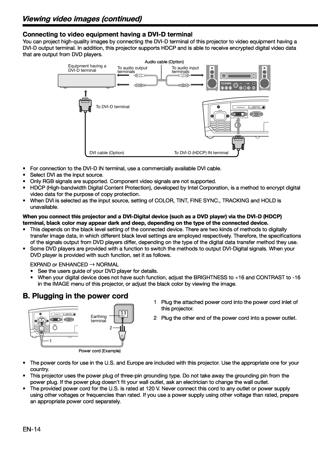 Mitsubishi Electronics HC910 user manual Viewing video images continued, B. Plugging in the power cord 