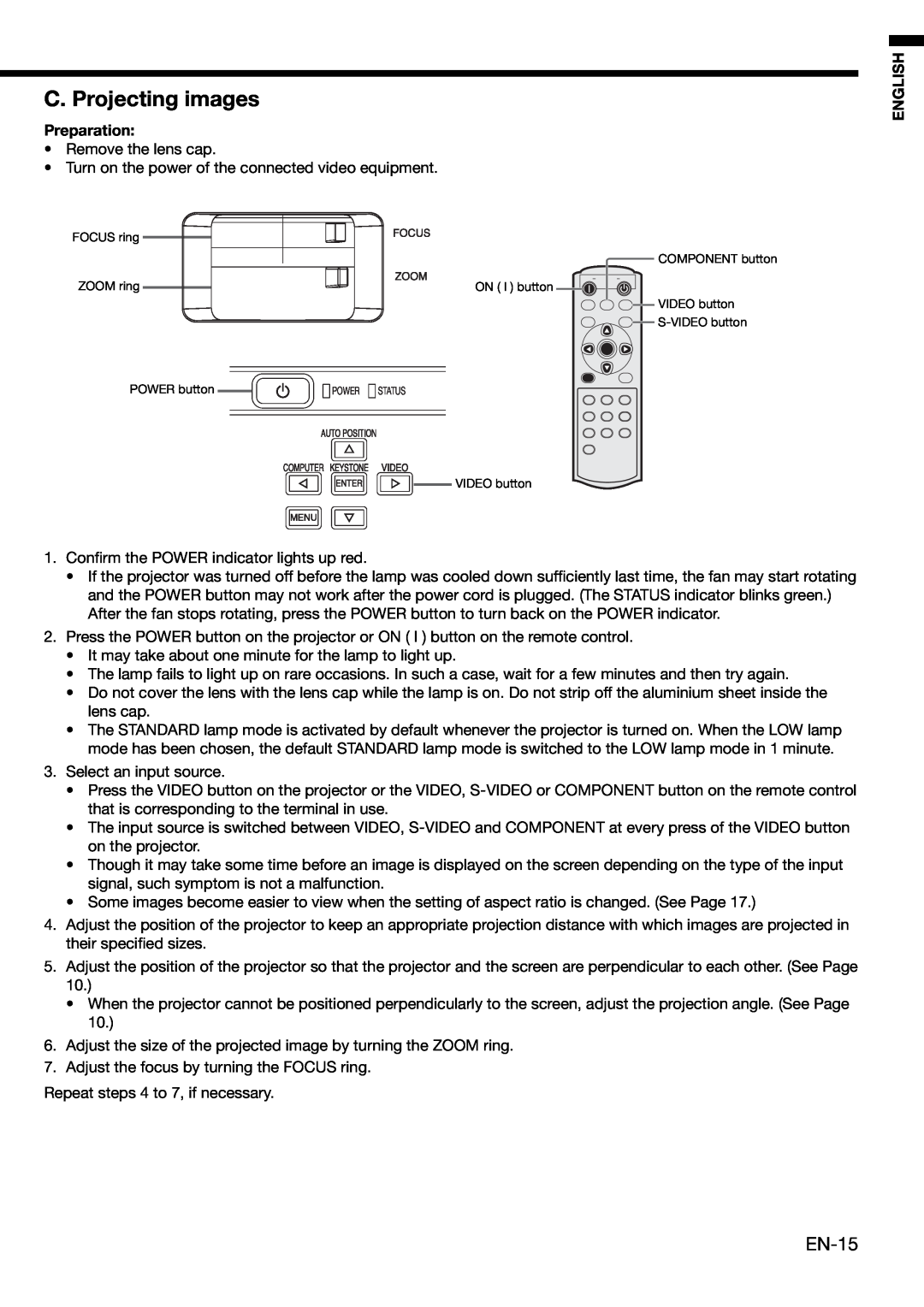Mitsubishi Electronics HC910 user manual C. Projecting images, EN-15, Preparation, English 