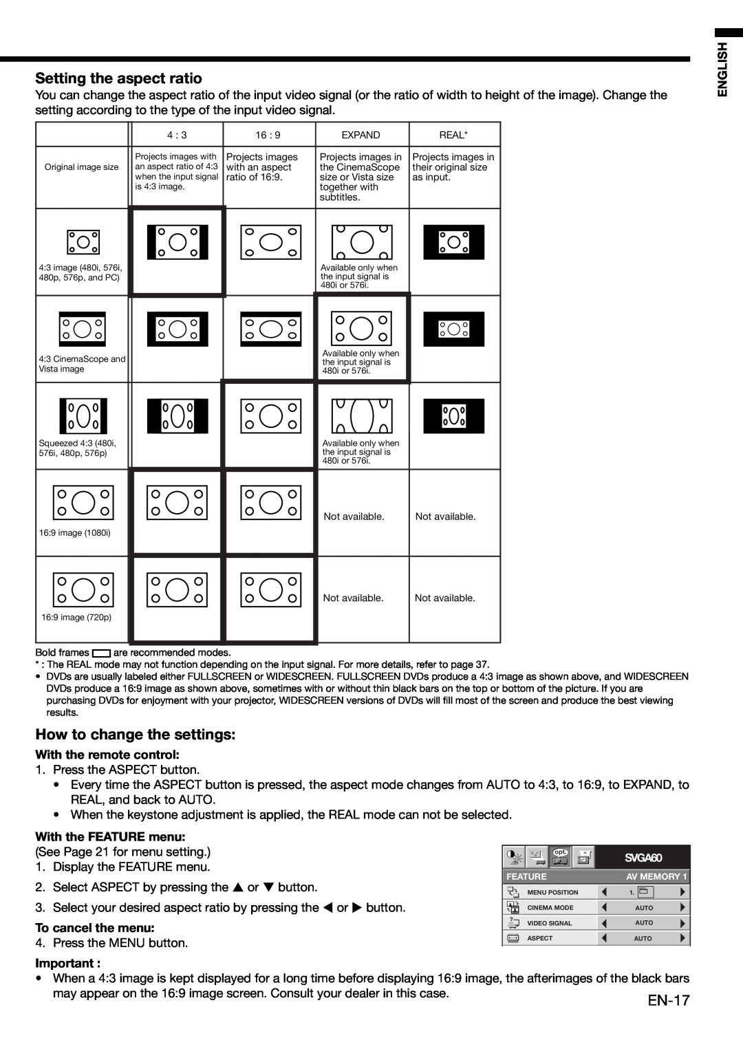 Mitsubishi Electronics HC910 Setting the aspect ratio, How to change the settings, English, With the remote control 
