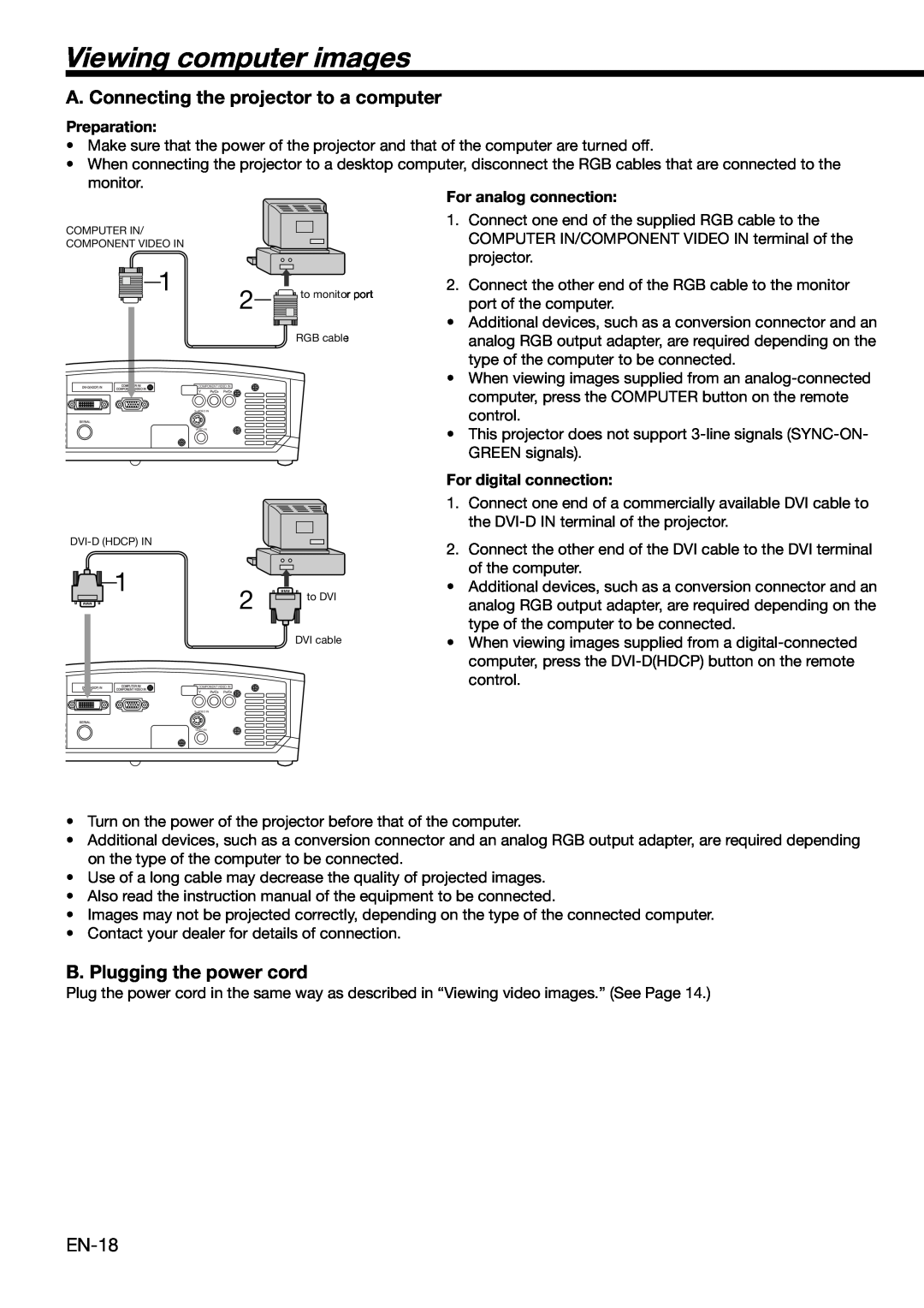 Mitsubishi Electronics HC910 user manual Viewing computer images, A. Connecting the projector to a computer, Preparation 