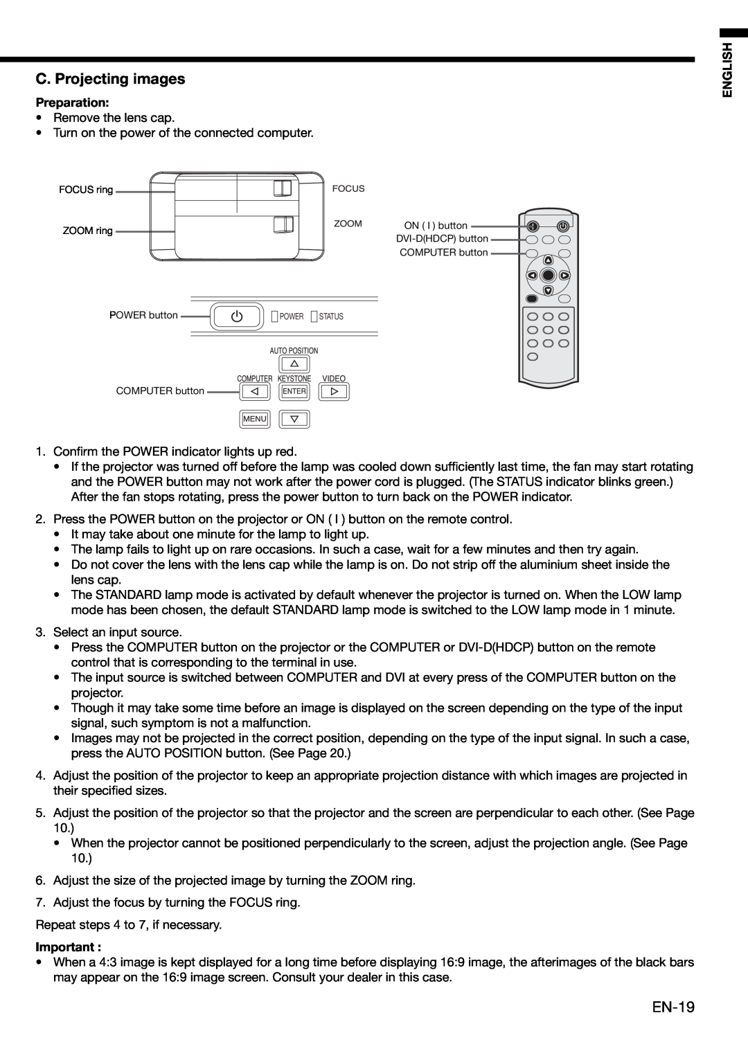 Mitsubishi Electronics HC910 user manual C. Projecting images, EN-19, Preparation, English 
