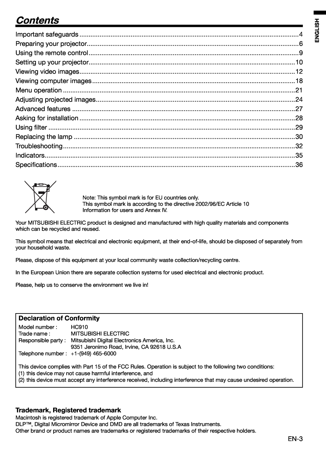 Mitsubishi Electronics HC910 user manual Contents, Declaration of Conformity, Trademark, Registered trademark 