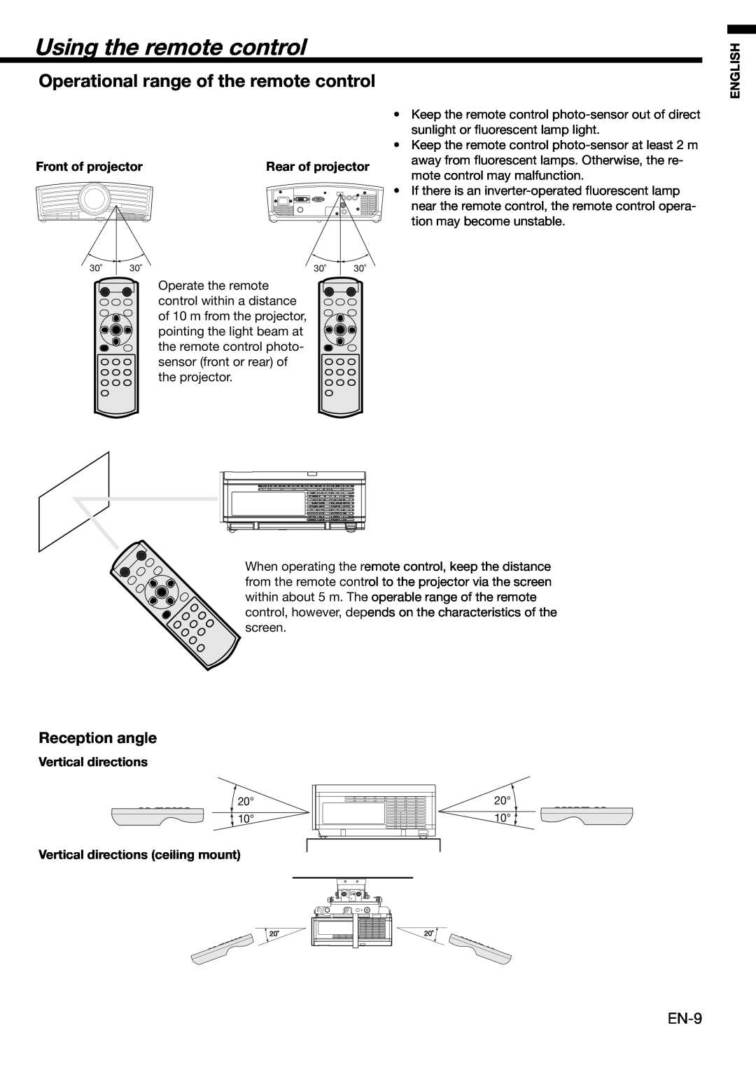 Mitsubishi Electronics HC910 Using the remote control, Operational range of the remote control, Reception angle, English 