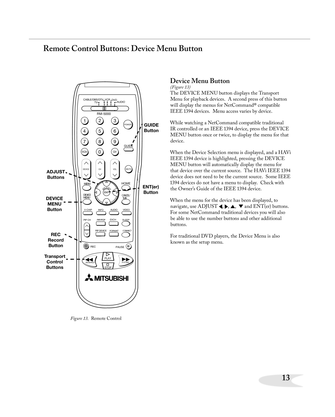 Mitsubishi Electronics HD-5000A manual Remote Control Buttons Device Menu Button 