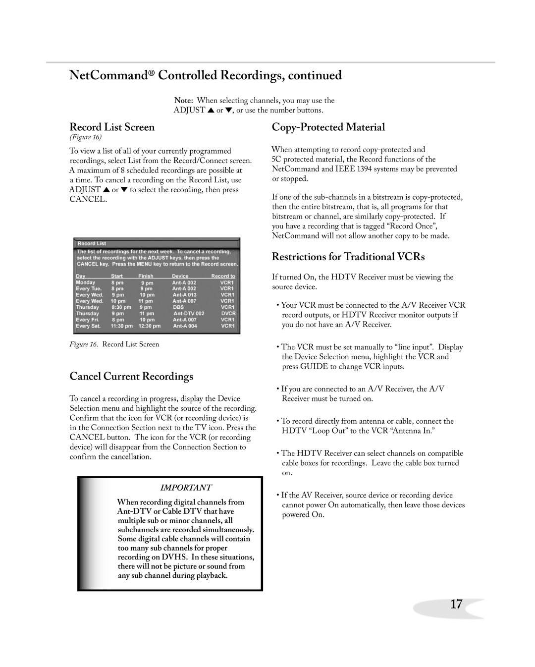 Mitsubishi Electronics HD-5000A manual Record List Screen, Cancel Current Recordings, Copy-Protected Material 