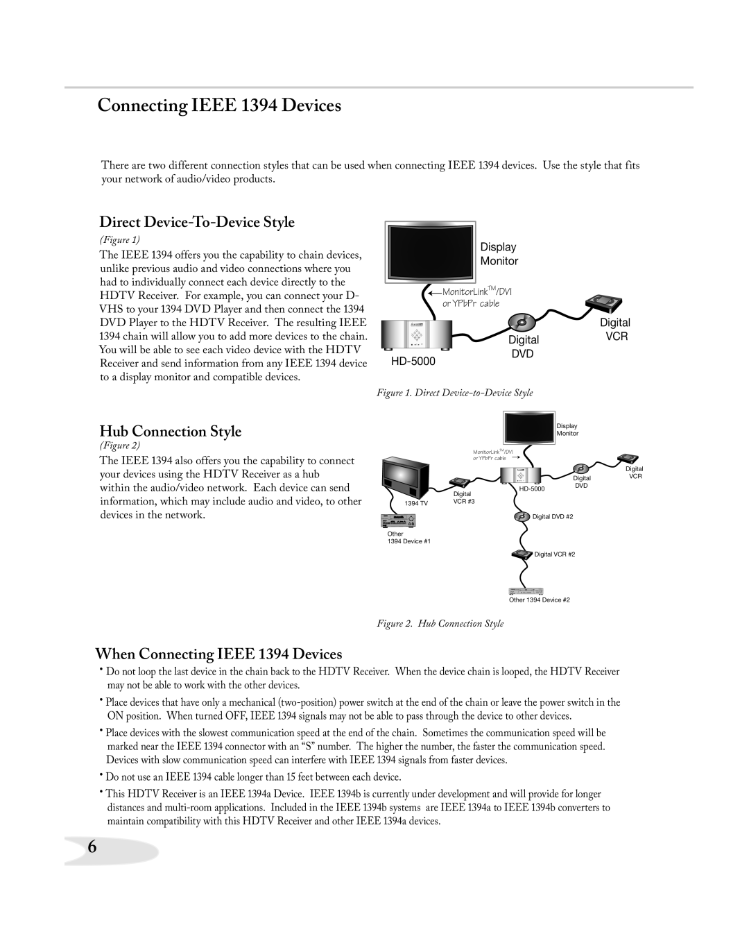 Mitsubishi Electronics HD-5000A manual Connecting Ieee 1394 Devices, Direct Device-To-Device Style, Hub Connection Style 