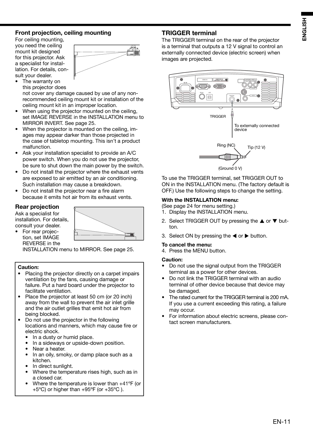 Mitsubishi Electronics HD1000 user manual Trigger terminal, With the Installation menu See page 24 for menu setting 