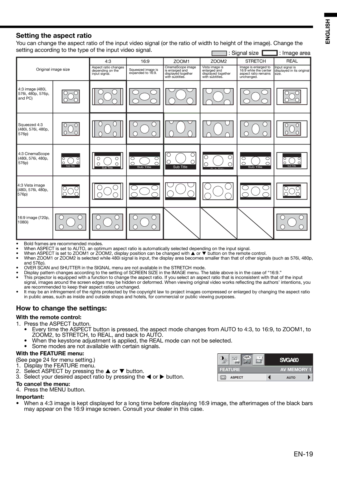 Mitsubishi Electronics HD1000 user manual Setting the aspect ratio, How to change the settings, With the remote control 