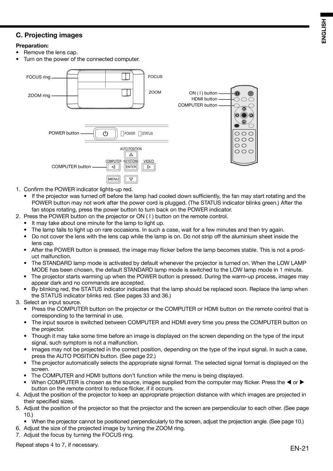 Mitsubishi Electronics HD1000 user manual Projecting images 