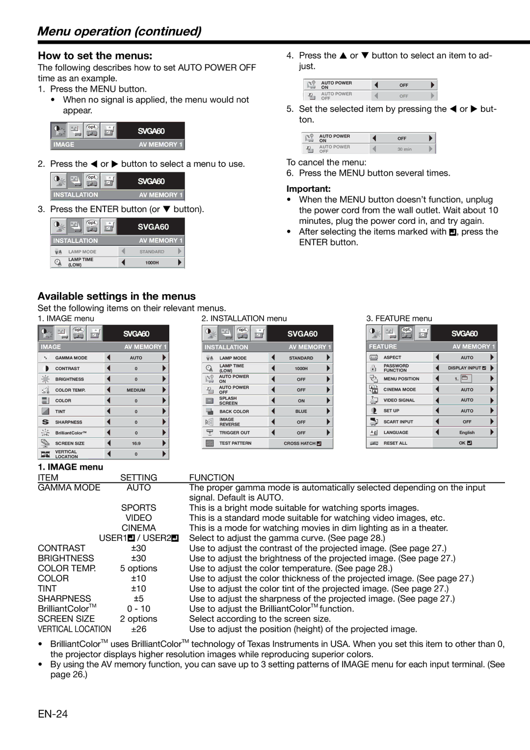 Mitsubishi Electronics HD1000 user manual Menu operation, How to set the menus, Available settings in the menus, Image menu 