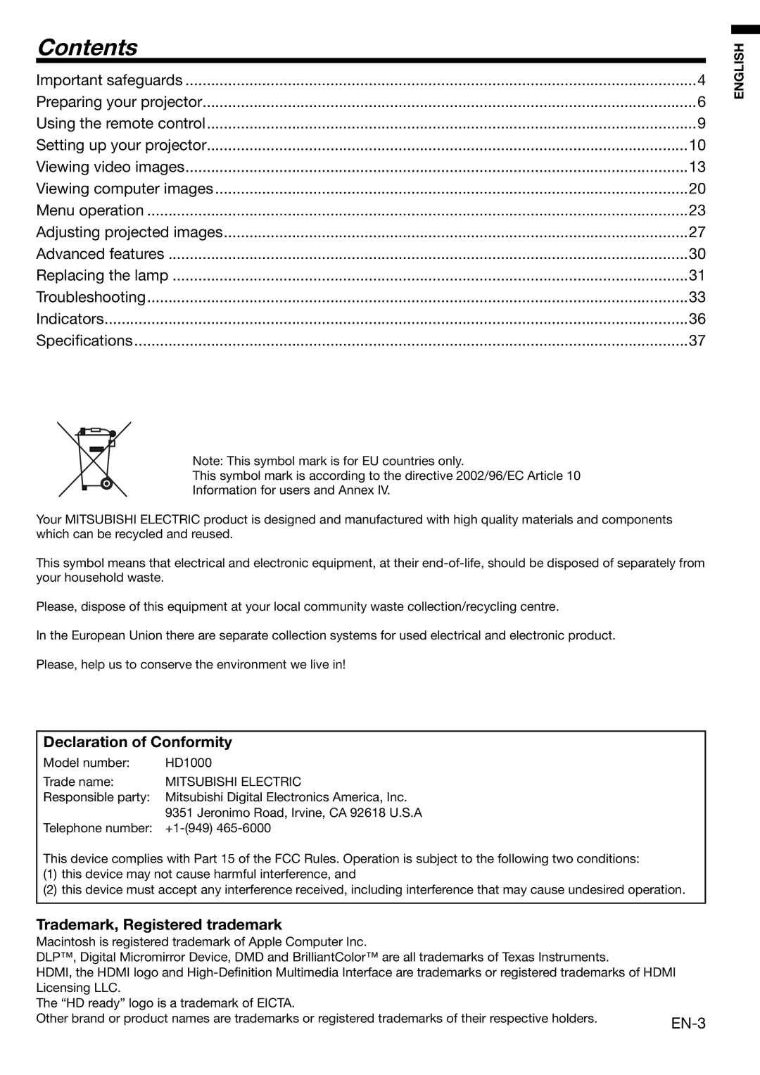 Mitsubishi Electronics HD1000 user manual Contents 