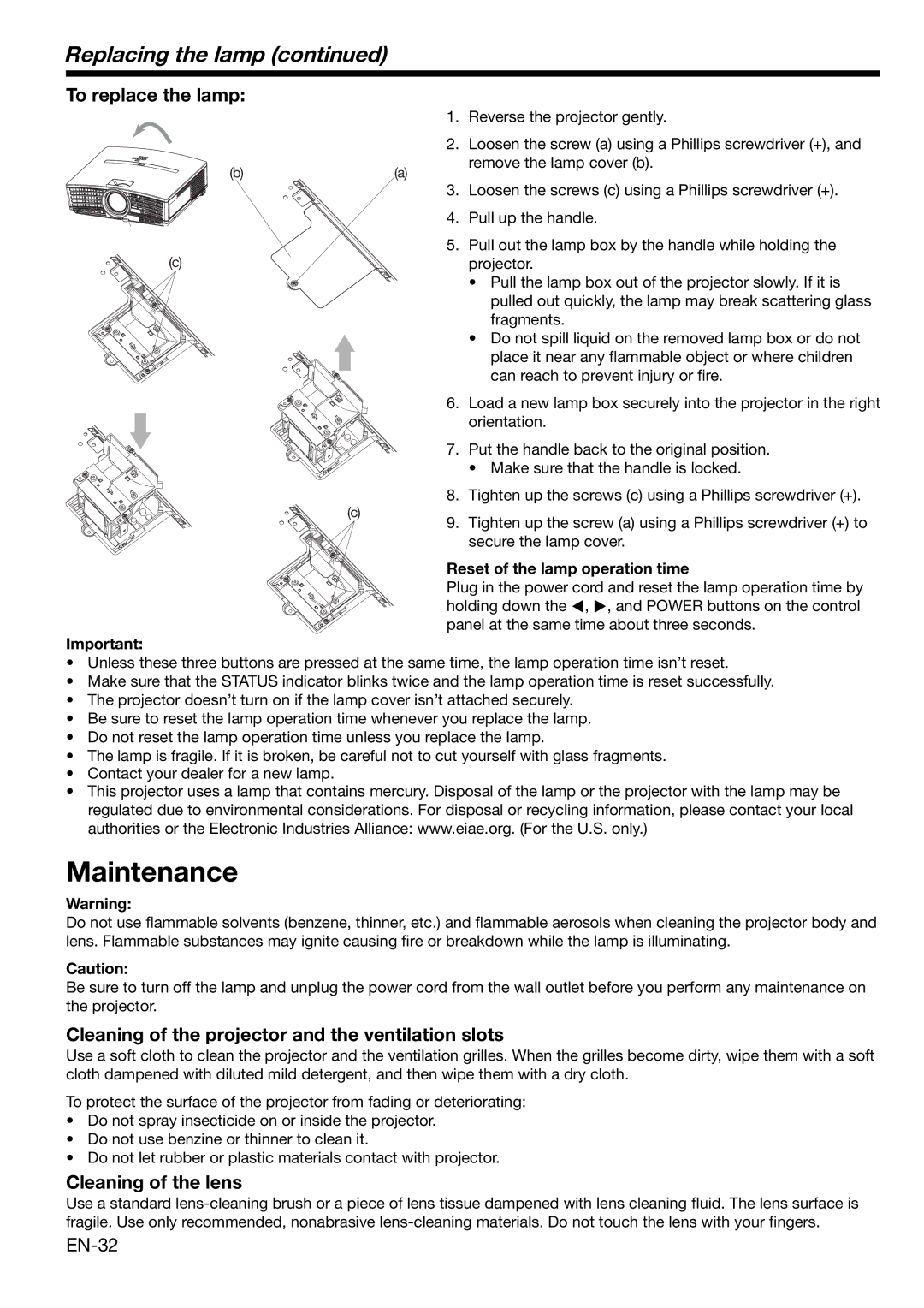 Mitsubishi Electronics HD1000 Replacing the lamp, To replace the lamp, Cleaning of the projector and the ventilation slots 