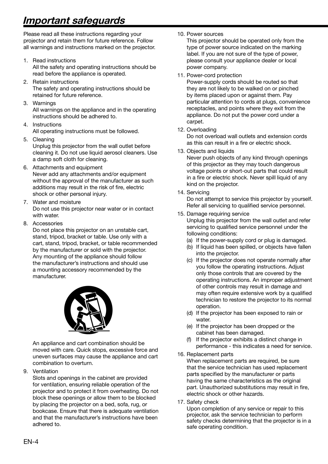 Mitsubishi Electronics HD1000 user manual Important safeguards, EN-4 