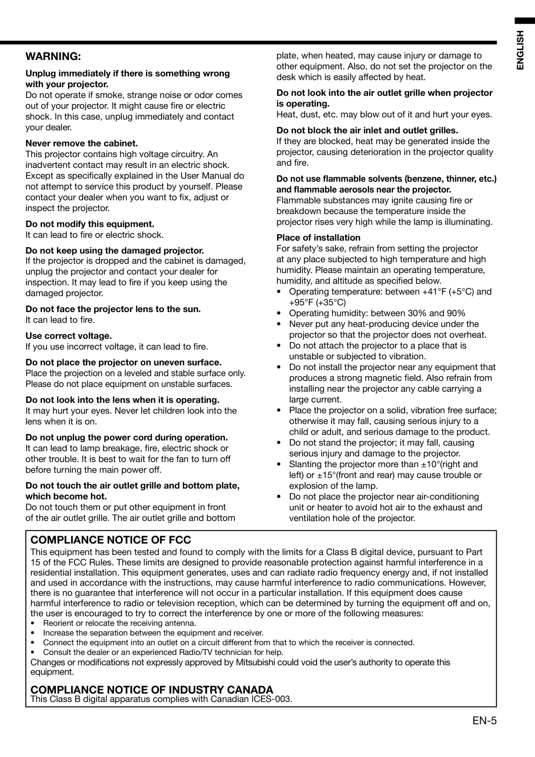 Mitsubishi Electronics HD1000 user manual Never remove the cabinet Do not modify this equipment, Use correct voltage 