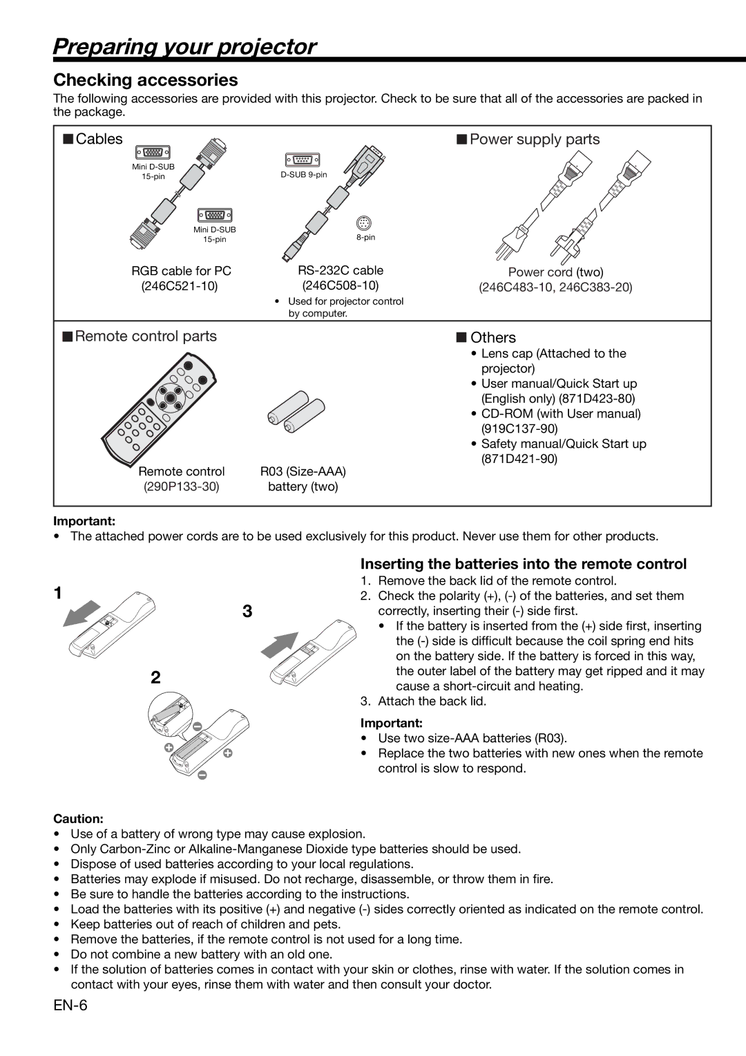 Mitsubishi Electronics HD1000 user manual Preparing your projector, Checking accessories 