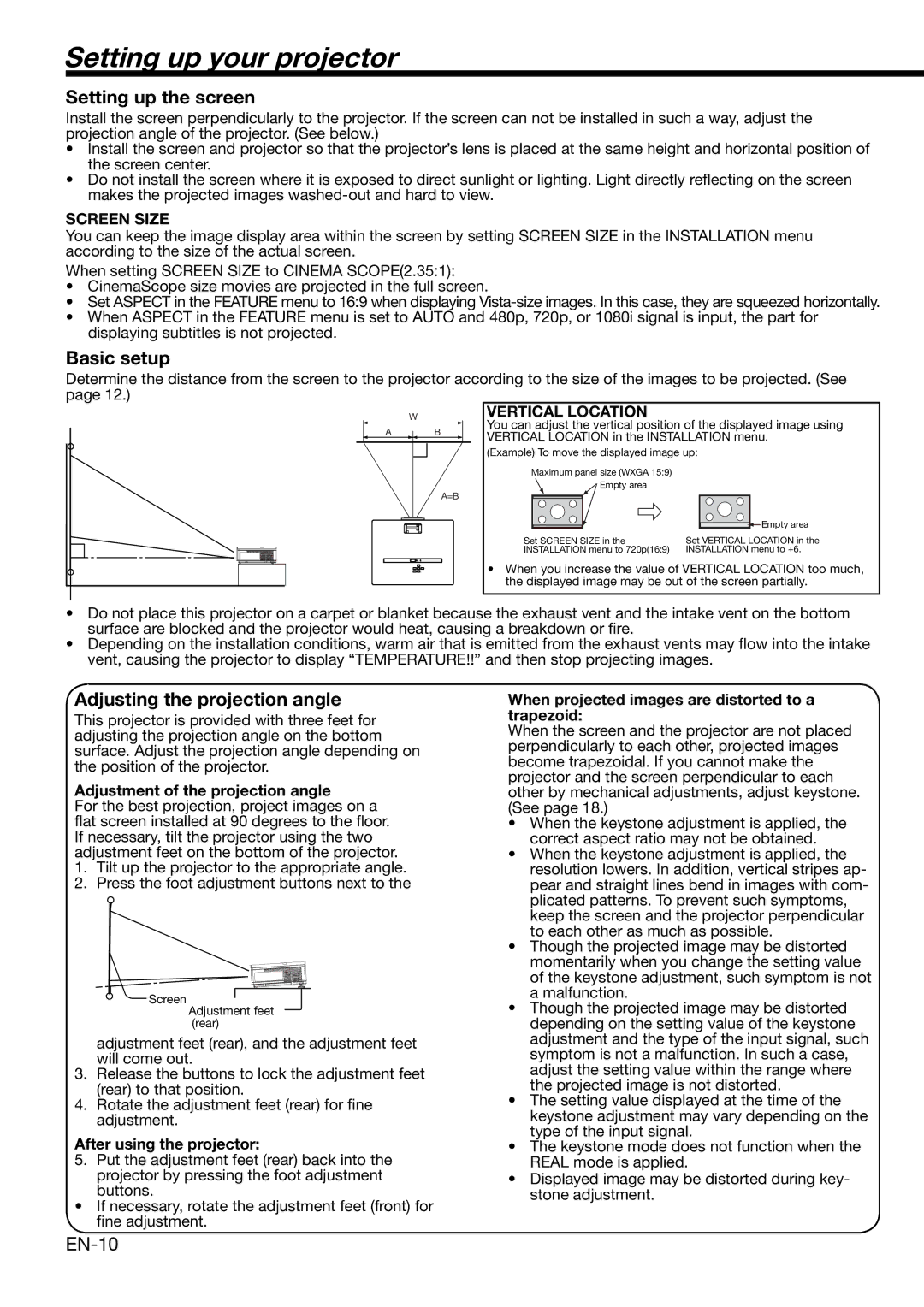 Mitsubishi Electronics HD4000 user manual Setting up your projector, Setting up the screen, Basic setup, EN-10 