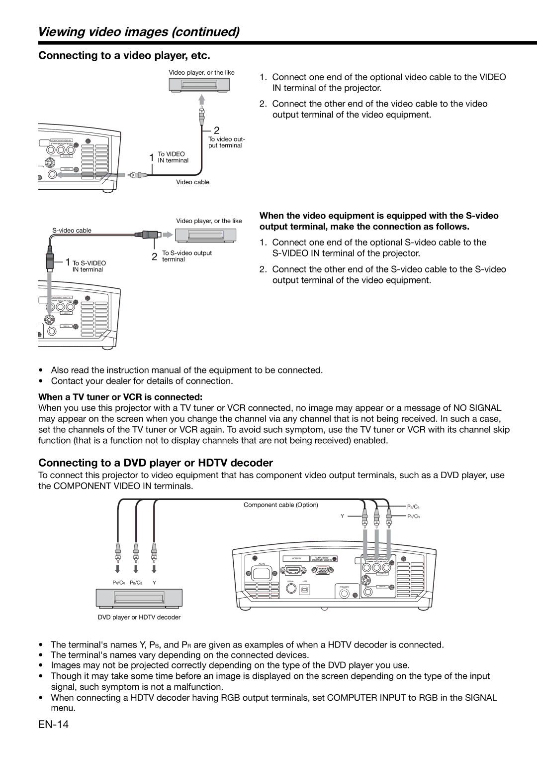 Mitsubishi Electronics HD4000 user manual Viewing video images, Connecting to a video player, etc, EN-14 