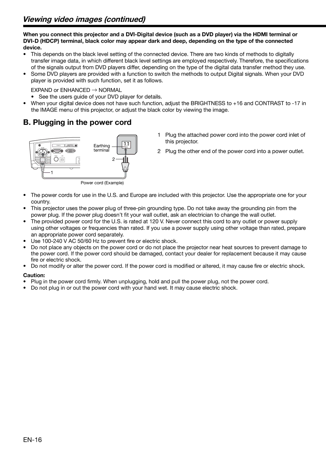 Mitsubishi Electronics HD4000 user manual Plugging in the power cord, EN-16 