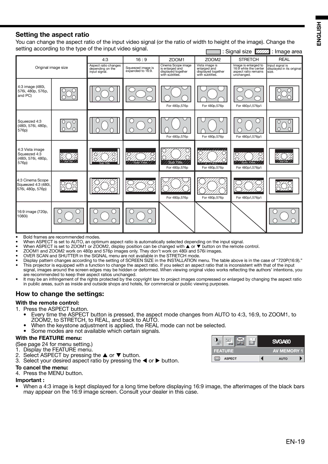 Mitsubishi Electronics HD4000 Setting the aspect ratio, How to change the settings, EN-19, With the remote control 