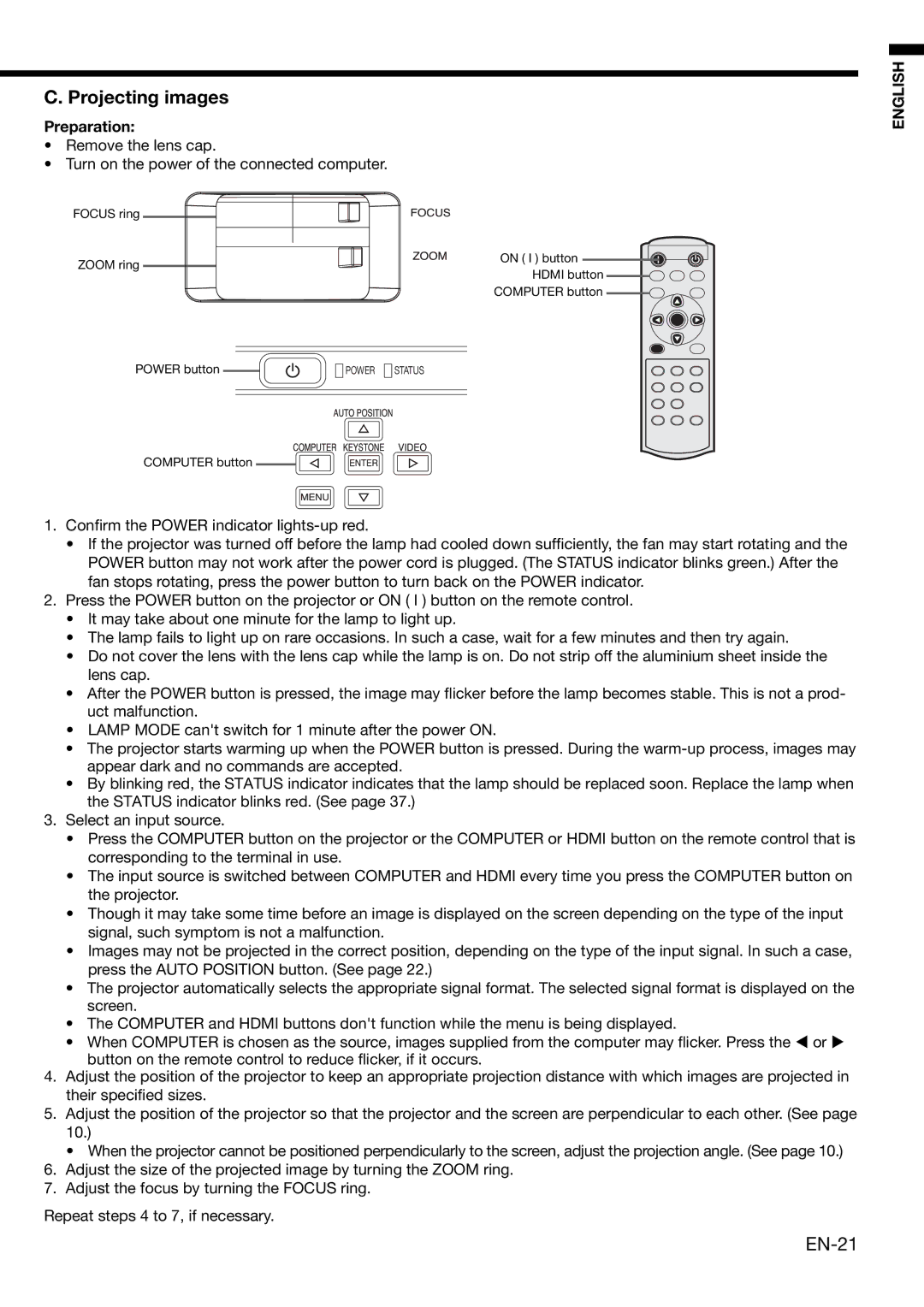 Mitsubishi Electronics HD4000 user manual Projecting images, EN-21 