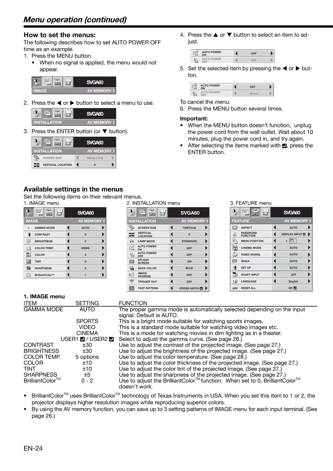 Mitsubishi Electronics HD4000 Menu operation, How to set the menus, Available settings in the menus, EN-24, Image menu 