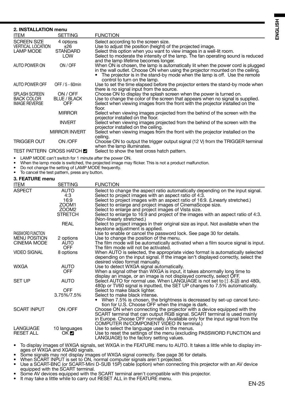 Mitsubishi Electronics HD4000 user manual EN-25, Installation menu, Feature menu 