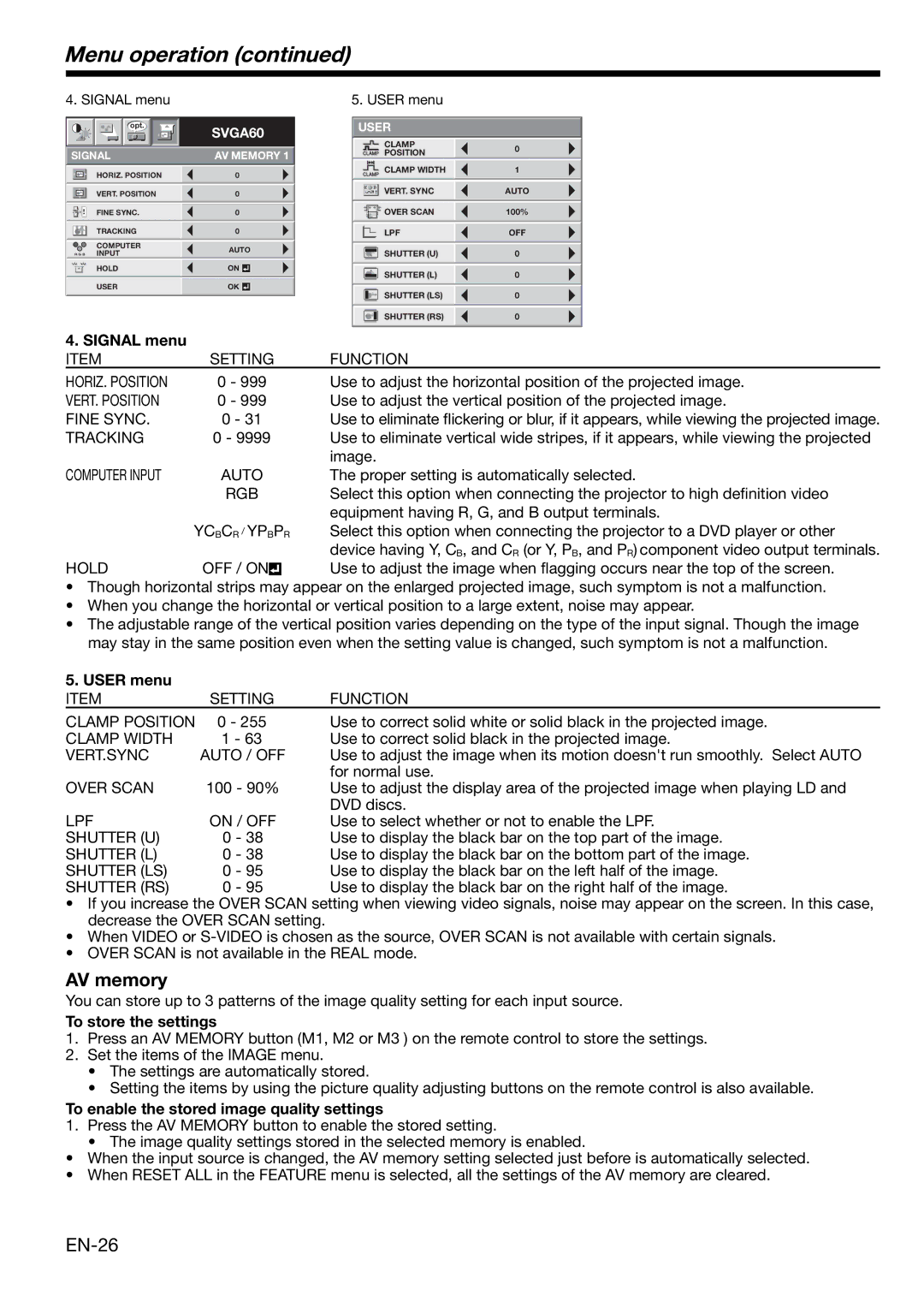 Mitsubishi Electronics HD4000 user manual AV memory, EN-26 