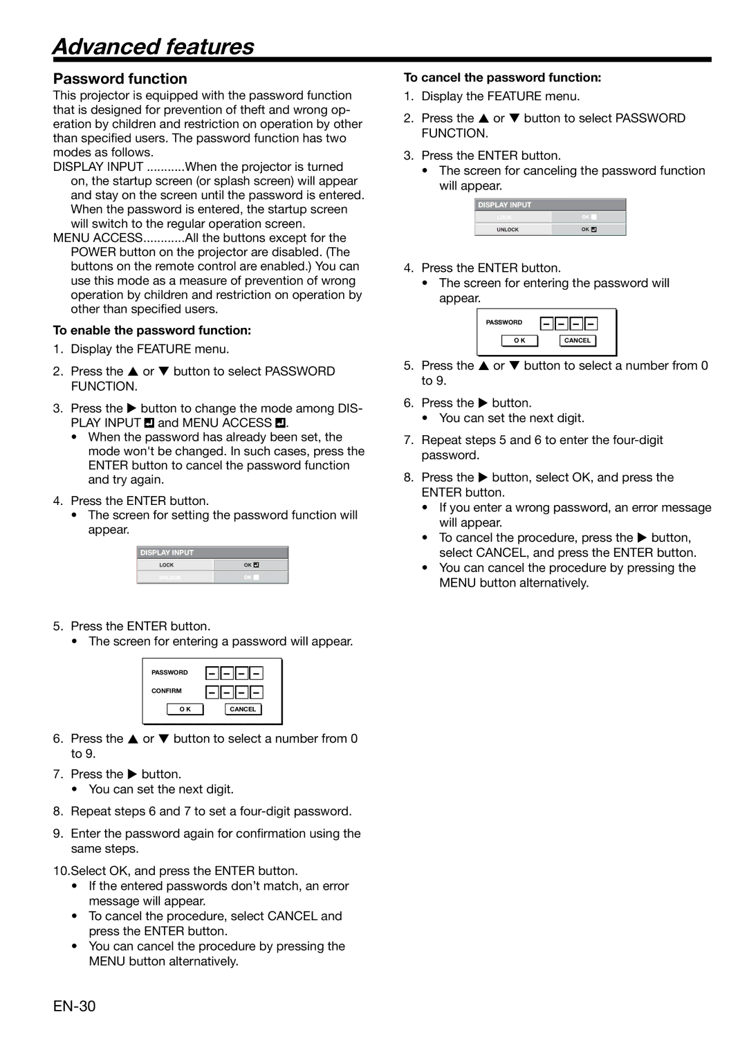 Mitsubishi Electronics HD4000 user manual Advanced features, Password function, EN-30, To enable the password function 