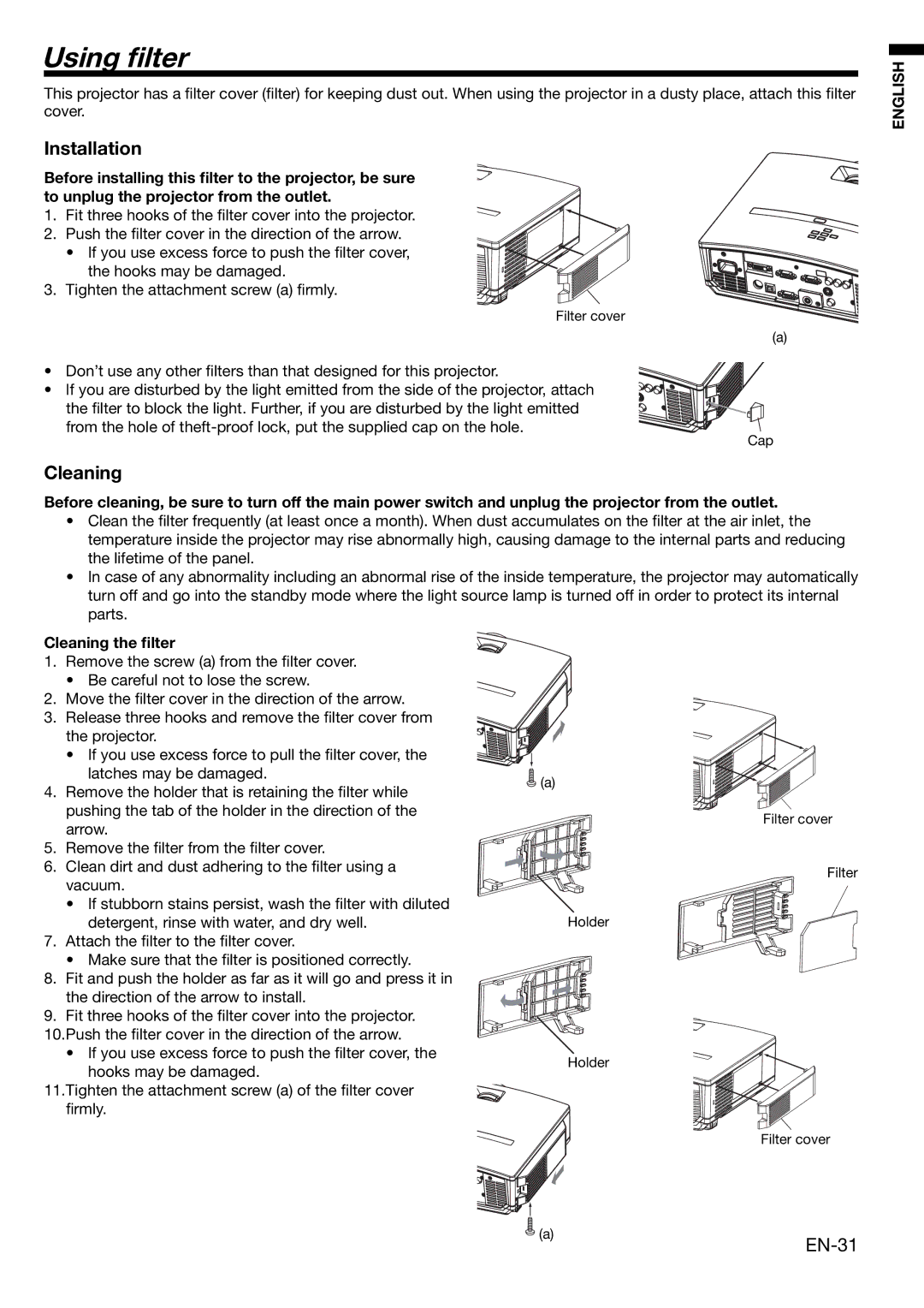 Mitsubishi Electronics HD4000 user manual Using ﬁlter, Installation, EN-31, Cleaning the ﬁlter 