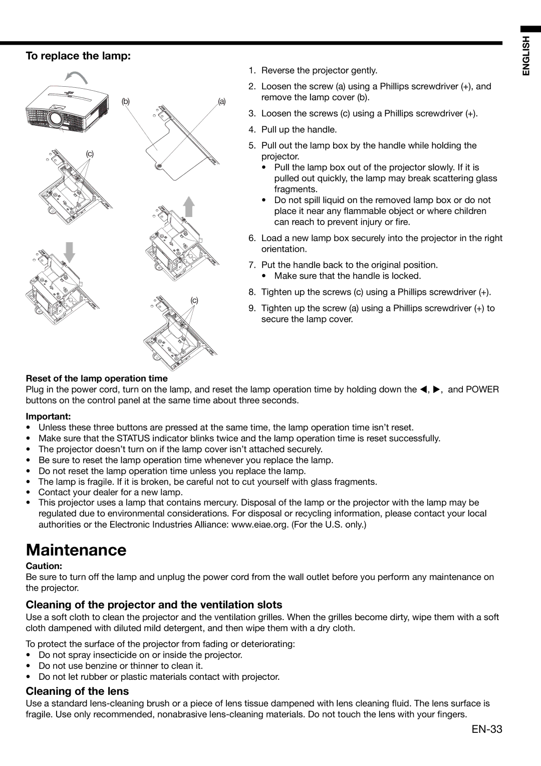 Mitsubishi Electronics HD4000 user manual To replace the lamp, Cleaning of the projector and the ventilation slots, EN-33 