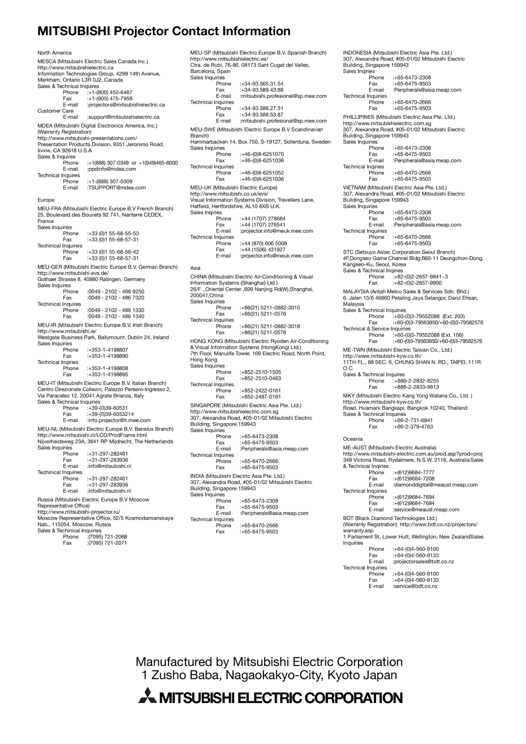 Mitsubishi Electronics HD4000 user manual Mitsubishi Projector Contact Information 