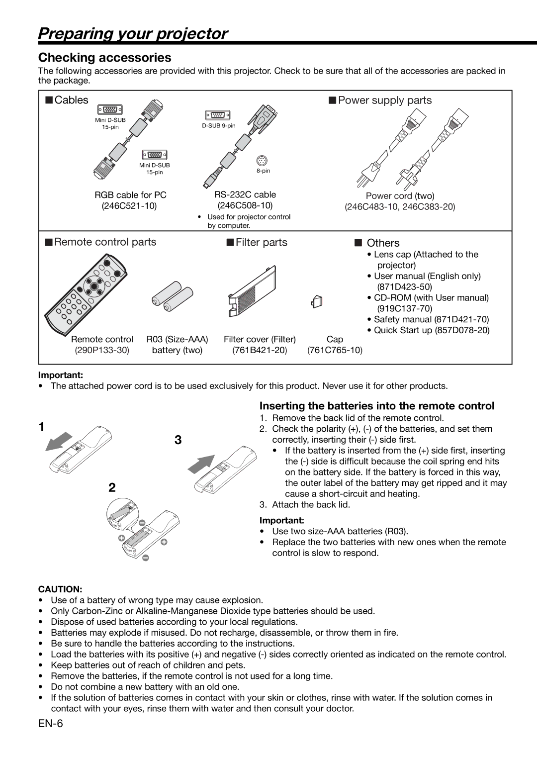 Mitsubishi Electronics HD4000 user manual Preparing your projector, Checking accessories, Cables, EN-6 