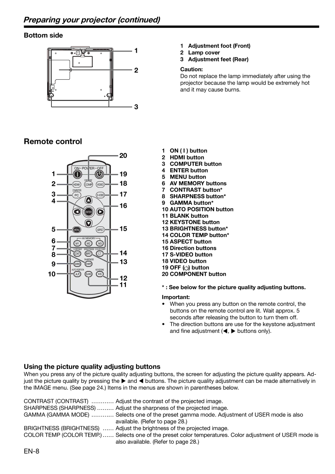 Mitsubishi Electronics HD4000 user manual Preparing your projector, Remote control, Bottom side, EN-8 