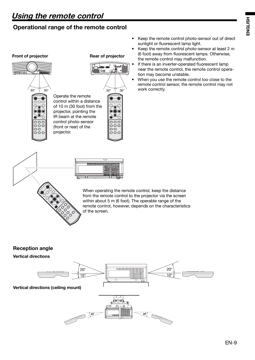 Mitsubishi Electronics HD4000 Using the remote control, Operational range of the remote control, Reception angle, EN-9 