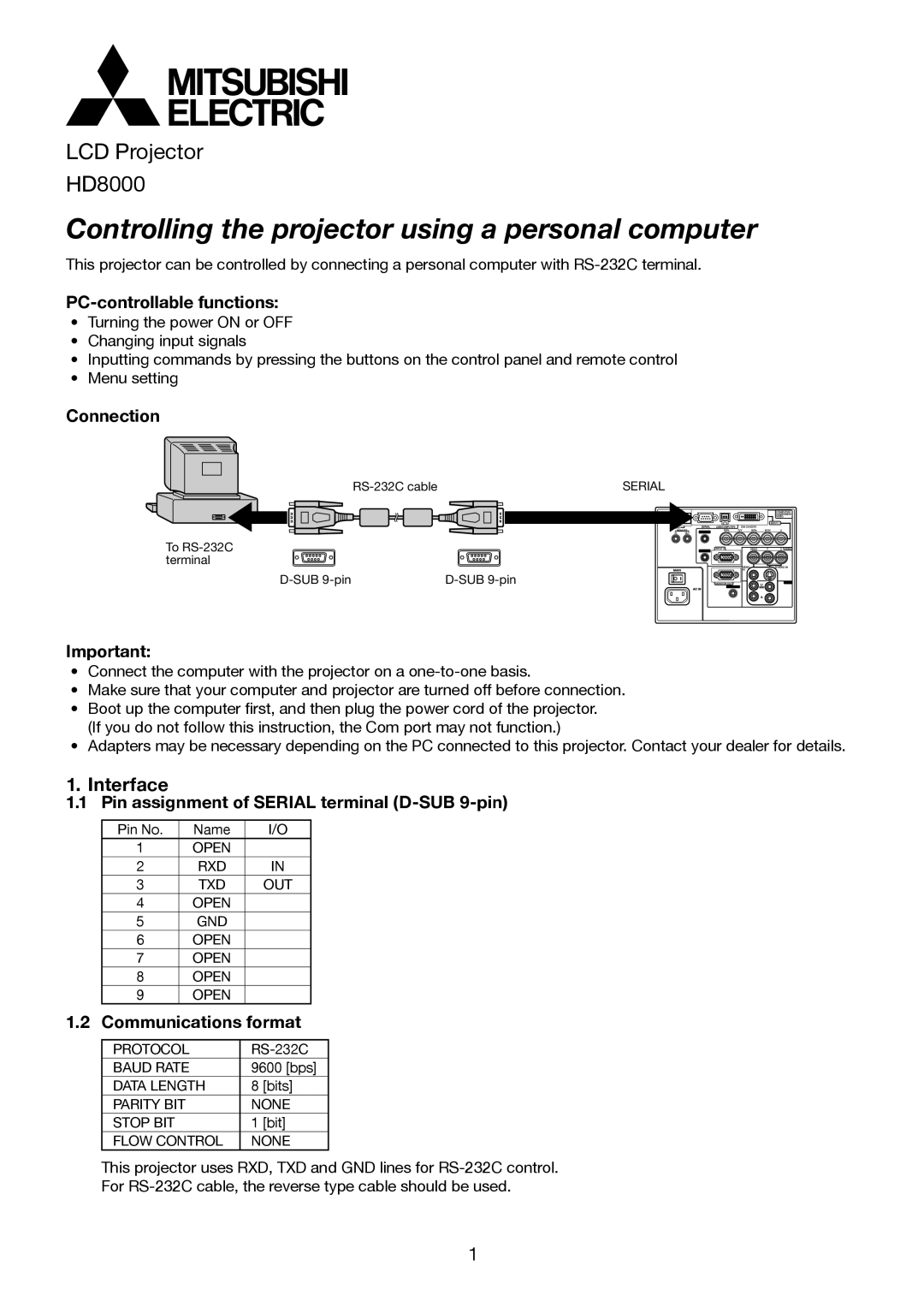 Mitsubishi Electronics HD8000 manual Interface, PC-controllable functions, Connection, Communications format 