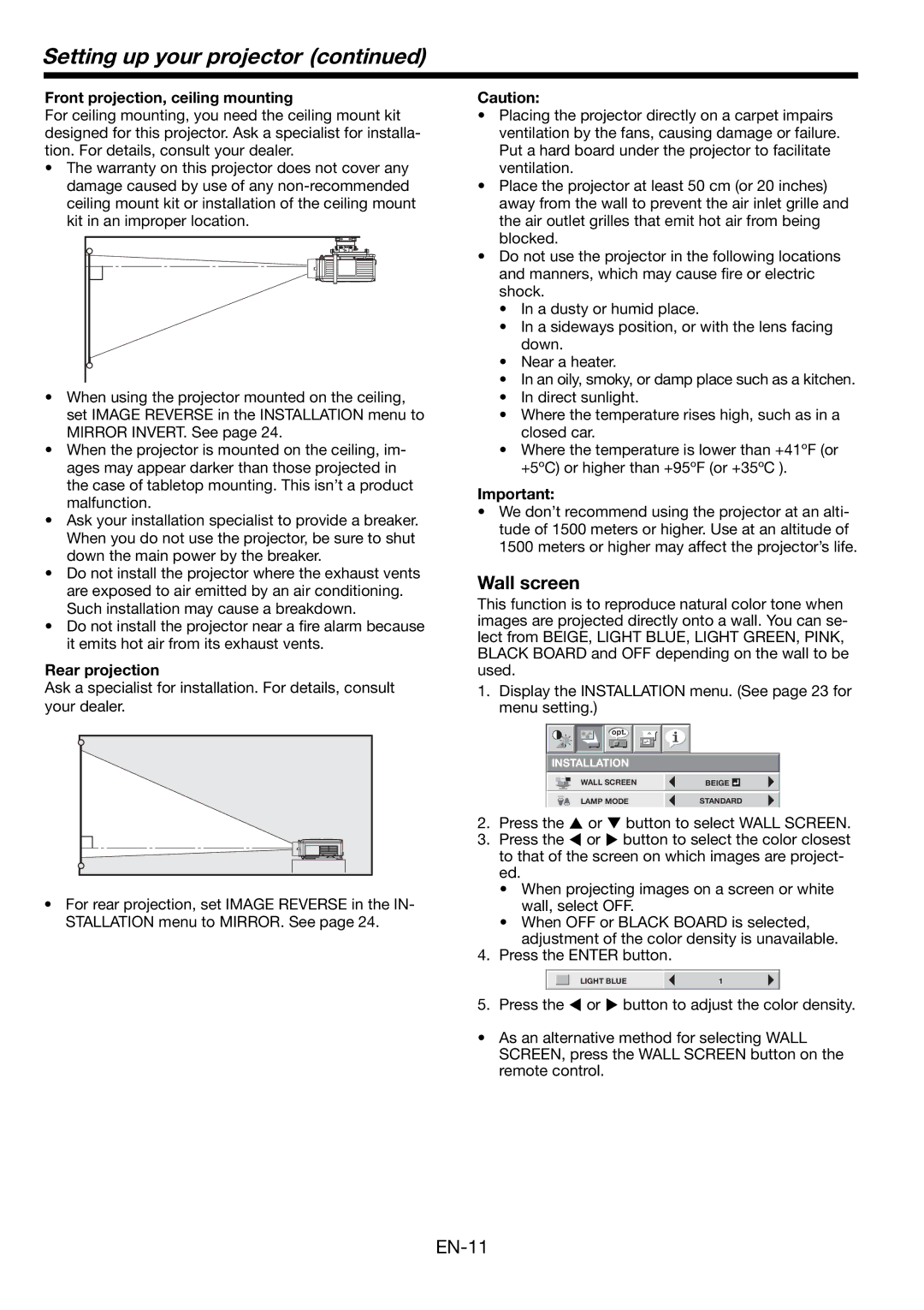 Mitsubishi Electronics HL2750U Setting up your projector, Wall screen, Front projection, ceiling mounting, Rear projection 