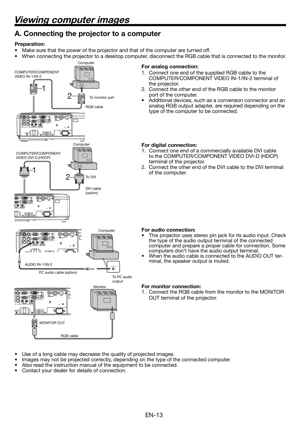 Mitsubishi Electronics HL2750U user manual Viewing computer images, Connecting the projector to a computer 