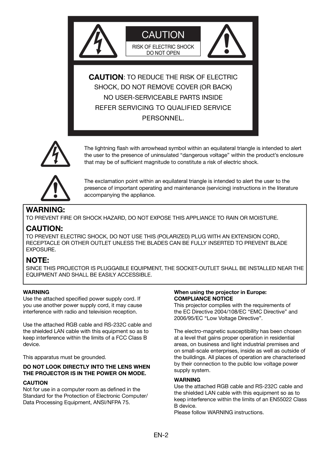 Mitsubishi Electronics HL2750U user manual When using the projector in Europe, Compliance Notice 