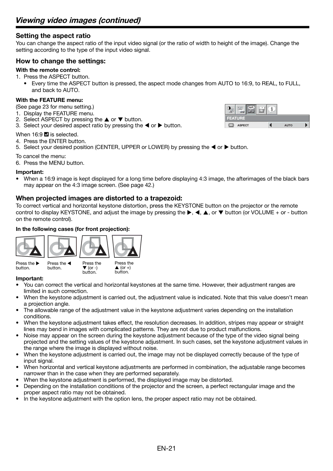 Mitsubishi Electronics HL2750U user manual Setting the aspect ratio, How to change the settings, With the remote control 