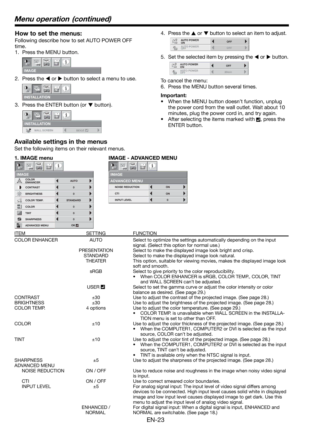 Mitsubishi Electronics HL2750U Menu operation, How to set the menus, Available settings in the menus, Image menu 