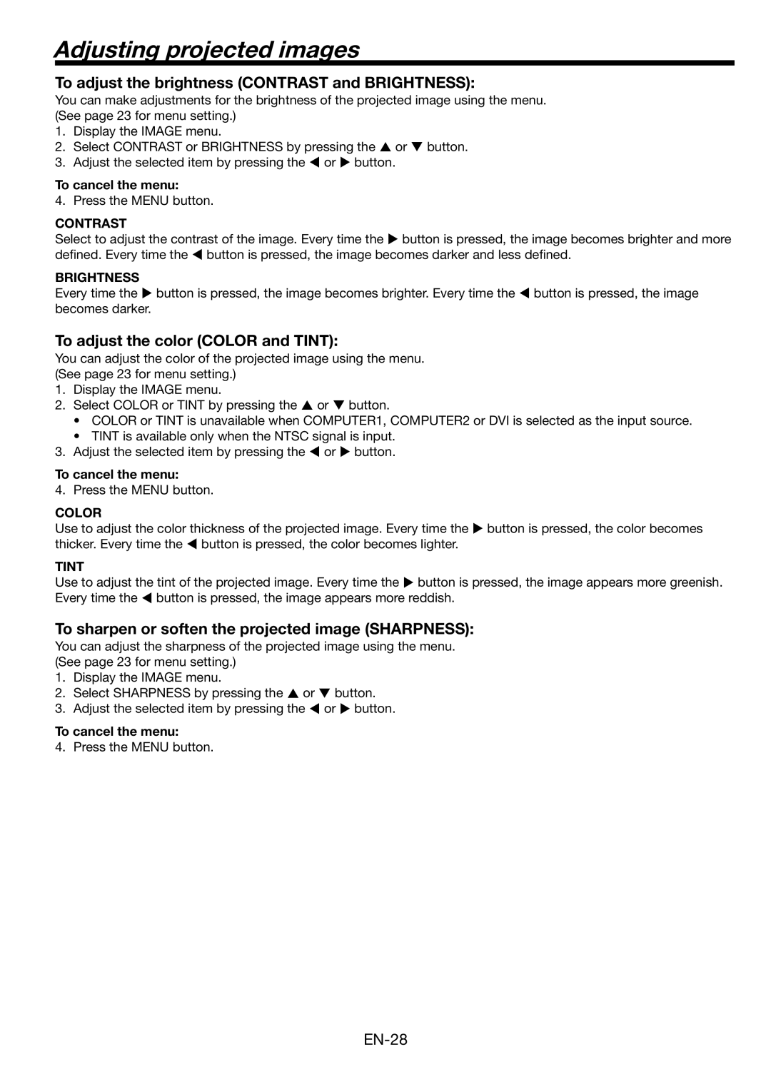 Mitsubishi Electronics HL2750U user manual Adjusting projected images, To adjust the brightness Contrast and Brightness 