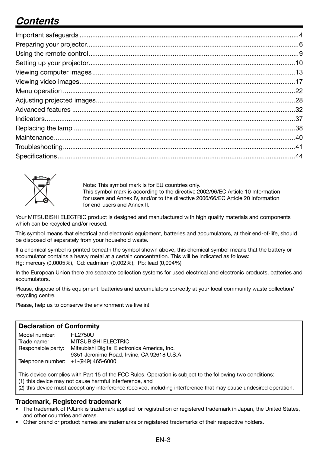 Mitsubishi Electronics HL2750U user manual Contents 