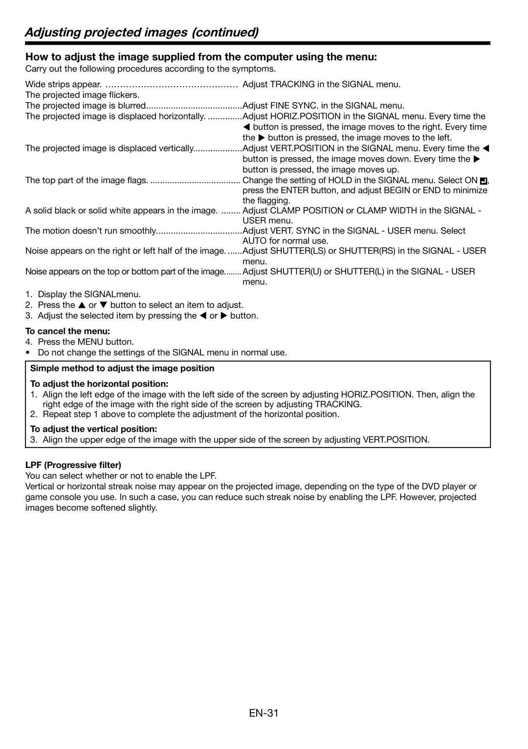 Mitsubishi Electronics HL2750U user manual To adjust the vertical position, LPF Progressive ﬁlter 