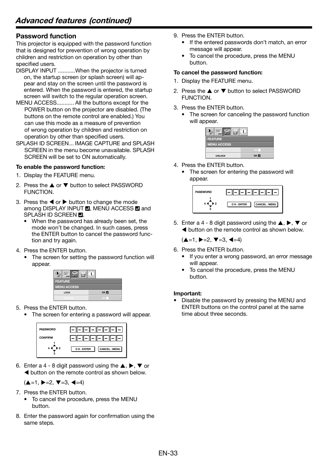 Mitsubishi Electronics HL2750U user manual Advanced features, Password function, To enable the password function 