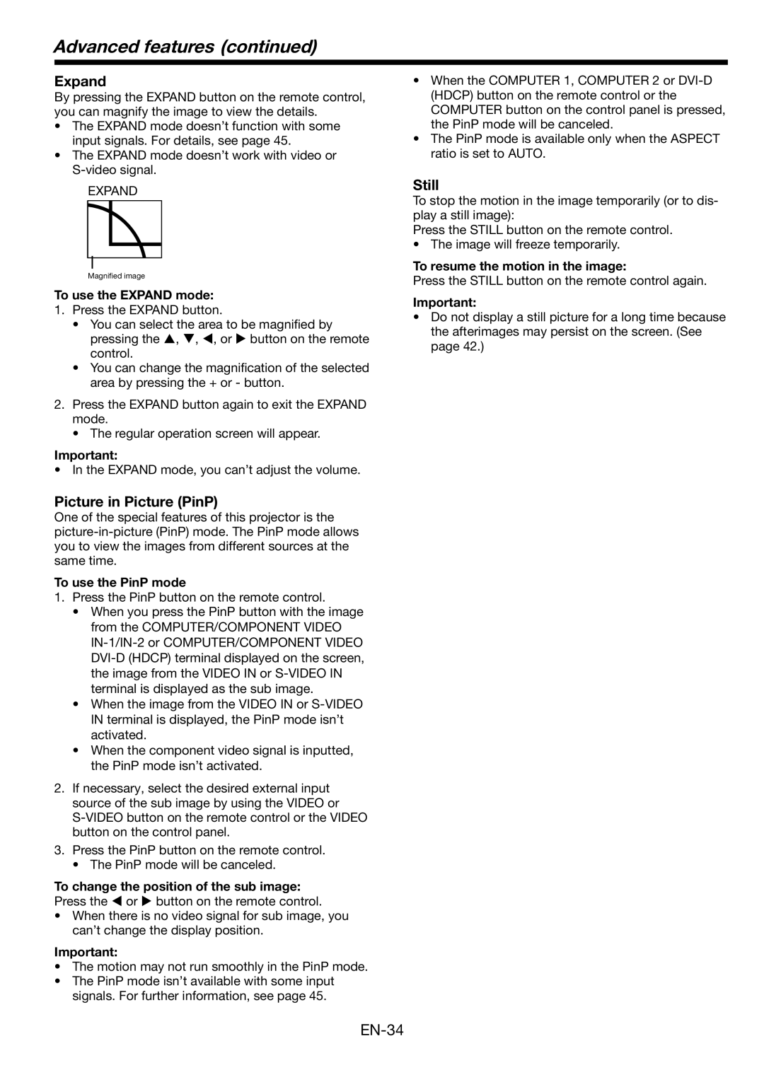 Mitsubishi Electronics HL2750U user manual Expand, Picture in Picture PinP, Still 