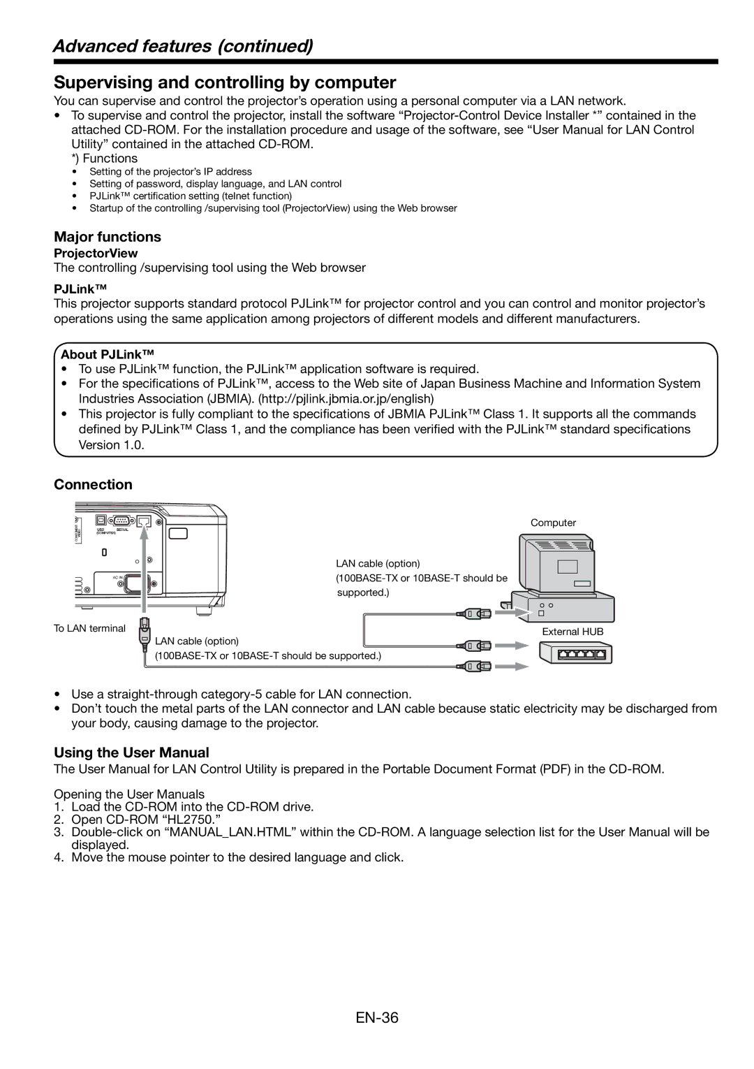 Mitsubishi Electronics HL2750U user manual Supervising and controlling by computer, Major functions, Connection 