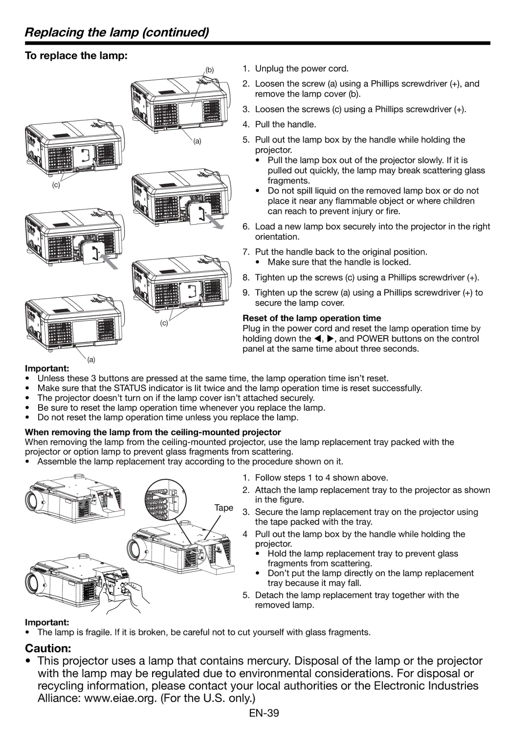 Mitsubishi Electronics HL2750U user manual Replacing the lamp, To replace the lamp, Reset of the lamp operation time 