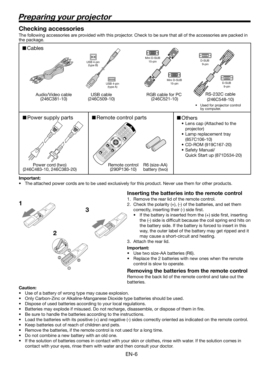 Mitsubishi Electronics HL2750U user manual Preparing your projector, Checking accessories 