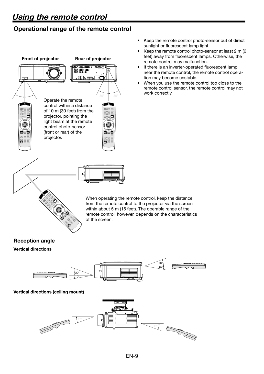 Mitsubishi Electronics HL2750U Using the remote control, Operational range of the remote control, Reception angle 