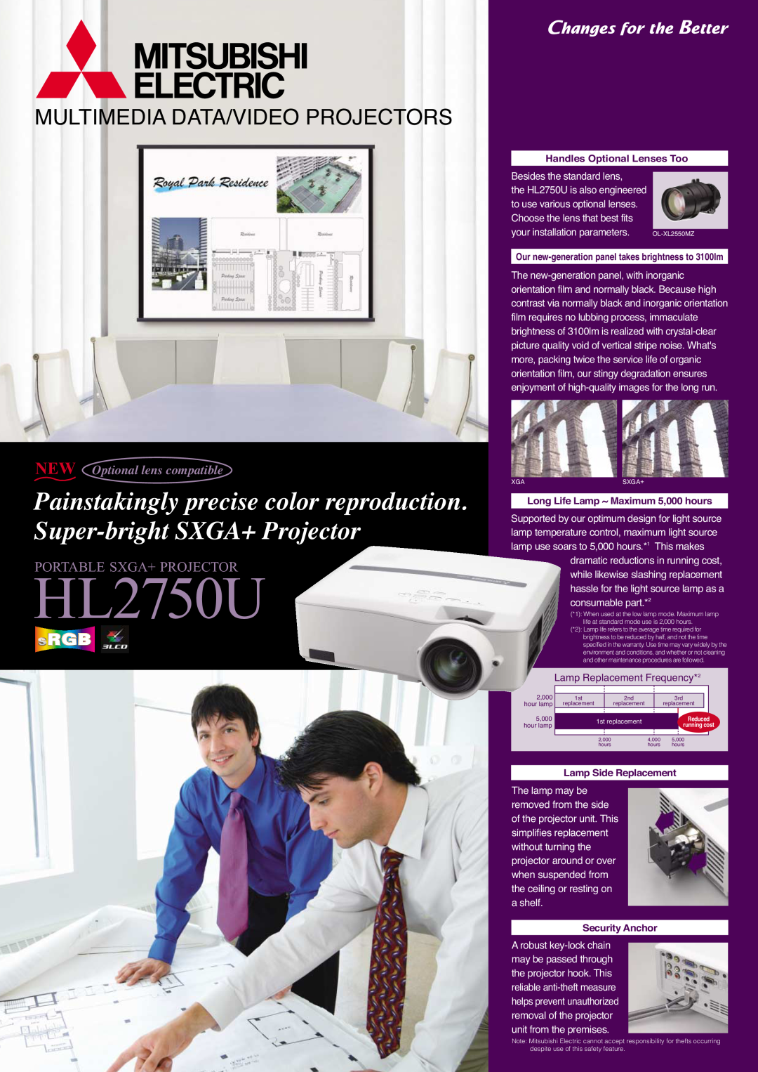 Mitsubishi Electronics HL2750U warranty Multimedia Data/Video Projectors, Portable Sxga+ Projector, Lamp Side Replacement 